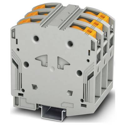 Sivý a oranžový elektrický konektorový blok s viacerými bodmi pripojenia, zobrazený zo strany, používaný v elektronických alebo elektrických zostavách.
