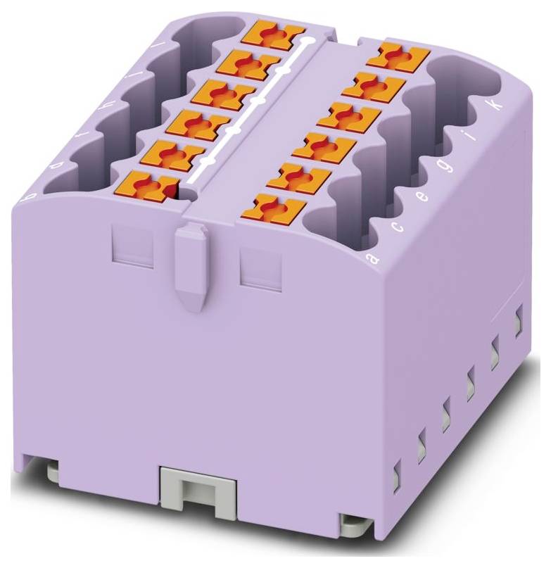 Fialový elektronický blok konektora s viacerými oranžovými bodmi pripojenia na vrchu.