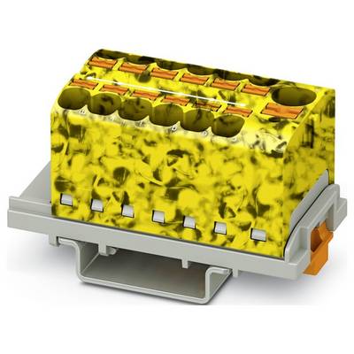 Žltý a sivý elektrický konektor s viacerými štrbinami a oranžovými svorkami, ktorý sa používa na bezpečné pripojenie drôtov v elektronických zariadeniach.