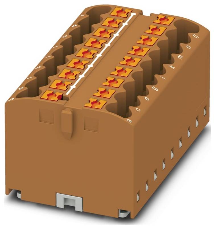 Hnedý viacúrovňový zbernicový blok s oranžovými pákovými konektormi, používaný na pripájanie elektrických vedení v priemyselných aplikáciách.