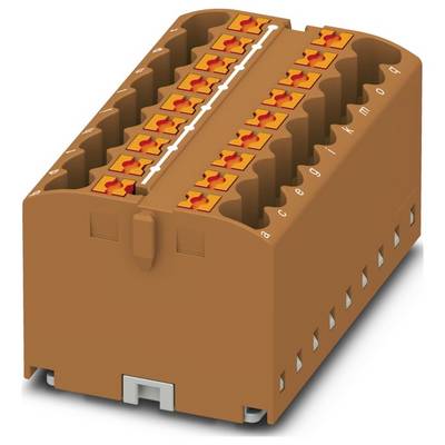 Hnedý viacúrovňový zbernicový blok s oranžovými pákovými konektormi, používaný na pripájanie elektrických vedení v priemyselných aplikáciách.