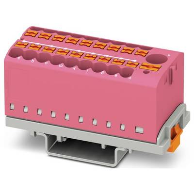 Ružový elektrický zberný blok s viacerými bodmi pripojenia a oranžovými pákami na uvoľnenie, namontovaný na sivej základni pre bezpečnú inštaláciu.