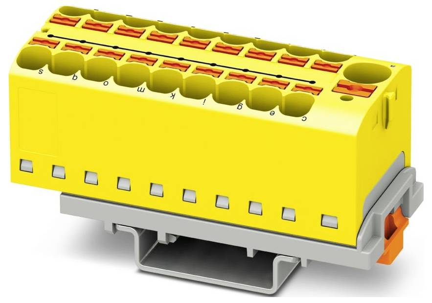 Žltý terminálov blok s očíslovanými portmi a oranžovými páčkami používaný na elektrické pripojenia, namontovaný na sivej základni.