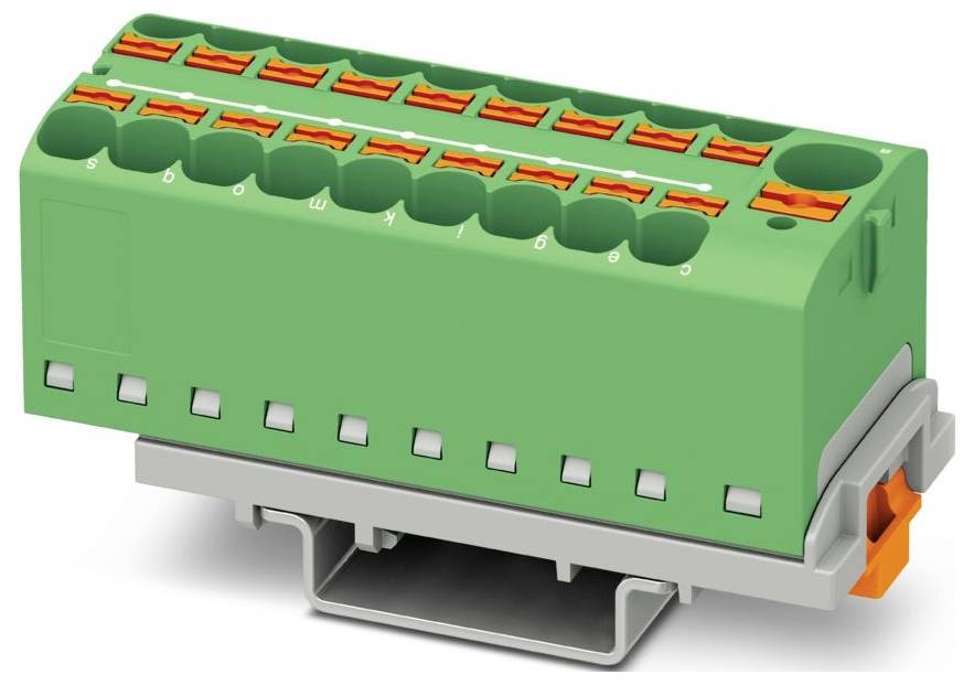 Zeleno-oranžový elektrický zbierkový blok s viacerými bodmi pripojenia, namontovaný na adaptéri koľajnice, používaný na správu kabeláže.