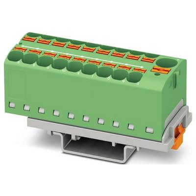 Zeleno-oranžový elektrický zbierkový blok s viacerými bodmi pripojenia, namontovaný na adaptéri koľajnice, používaný na správu kabeláže.