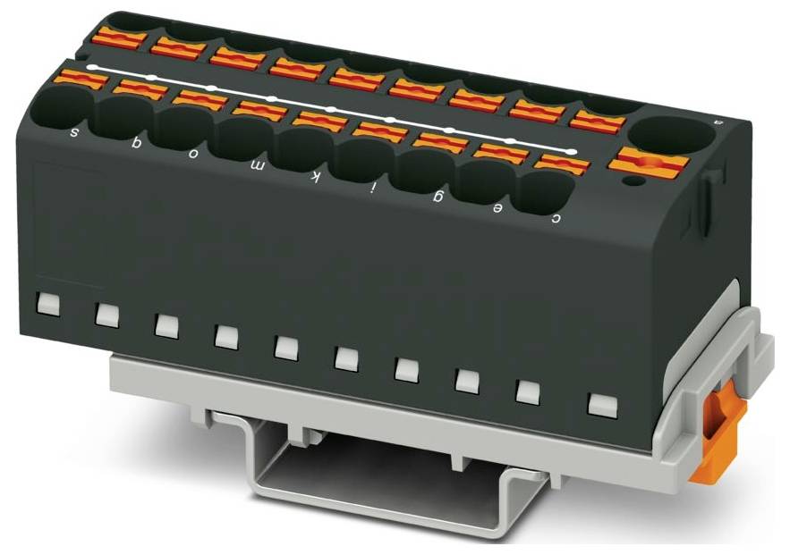 Čierny a oranžový elektrický konektor s viacerými svorkami, umiestnený na sivej podstave, používaný na bezpečné elektrické spojenia.