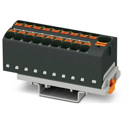 Čierny a oranžový elektrický konektor s viacerými svorkami, umiestnený na sivej podstave, používaný na bezpečné elektrické spojenia.