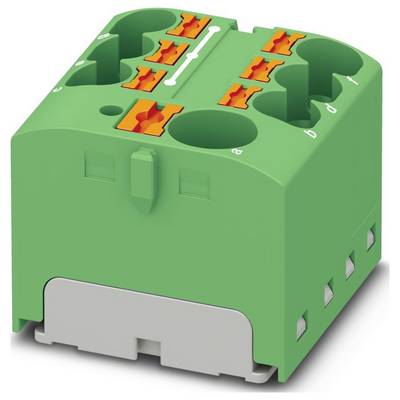 Zelený blok svoriek s viacerými oranžovými bodmi pripojenia a označenými vstupmi od „a" po „d", používaný na elektrické pripojenia.