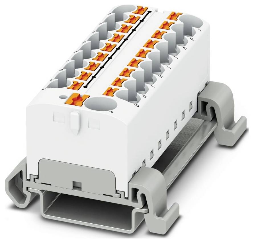 Bielo-sivý elektrický svorkovací blok s viacerými oranžovými bodmi pripojenia, čo indikuje nastavenie pre viacnásobné pripojenia vodičov.