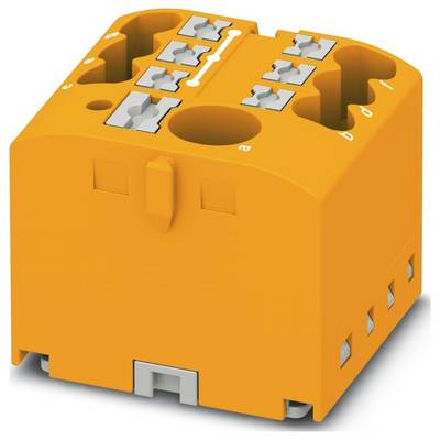 Oranžový, blokový elektronický konektor s viacerými kovovými svorkami na vrchu, s číslovanými sekciami pre vedenie káblov.