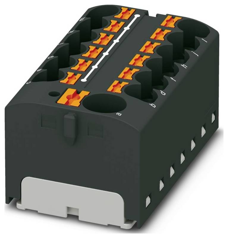 Čierny a sivý elektrický blok konektora s viacerými oranžovými bodmi pripojenia, používaný na usporiadanie elektrických vodičov.