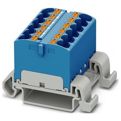 Modrý a sivý zásuvný blok s viacerými prípojnými bodmi a oranžovými páčkami, používaný na elektrické zapojenie, videný z uhla pohľadu.