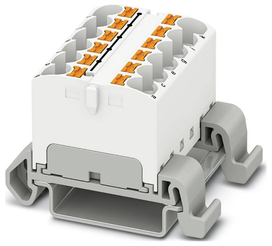 Biely a sivý elektrický svorkovnicový blok s oranžovými pákovými konektormi, navrhnutý pre bezpečné pripojenie drôtov v elektrických zostav.