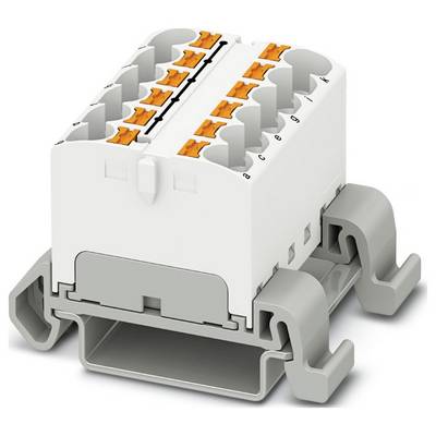 Biely a sivý elektrický svorkovnicový blok s oranžovými pákovými konektormi, navrhnutý pre bezpečné pripojenie drôtov v elektrických zostav.
