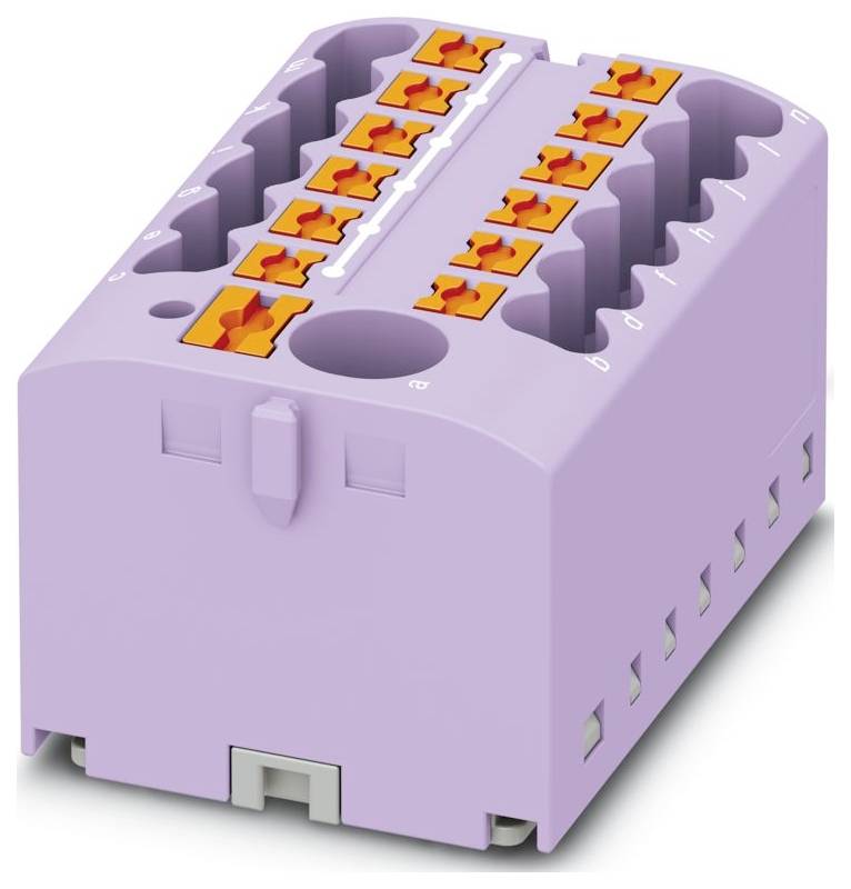 Fialový elektrický svorkovnicový blok s viacerými oranžovými bodmi pripojenia, navrhnutý na organizáciu vedení a bezpečné elektrické spojenia.