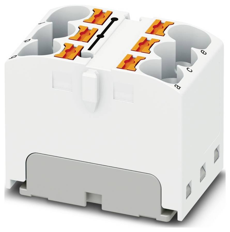 Biely plastový elektrický konektor so šiestimi oranžovými pákami na vkladanie drôtu, určený na jednoduché a bezpečné elektrické spojenia.