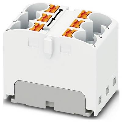Biely plastový elektrický konektor so šiestimi oranžovými pákami na vkladanie drôtu, určený na jednoduché a bezpečné elektrické spojenia.