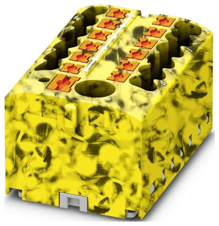 Žltý, obdĺžnikový blok elektronického konektora s viacerými otvormi a oranžovými svorkami na upevnenie drôtov.