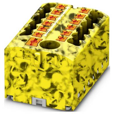 Žltý, obdĺžnikový blok elektronického konektora s viacerými otvormi a oranžovými svorkami na upevnenie drôtov.