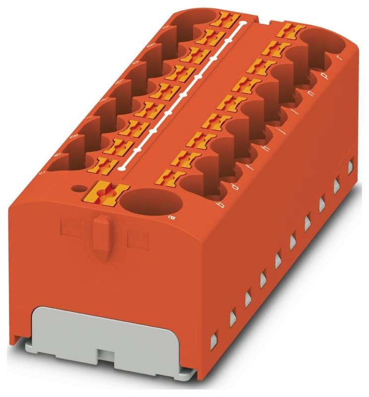 Červený elektrický konektor s viacerými oranžovými pozíciami na pripojenie vedení.