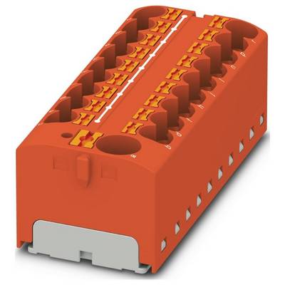Červený elektrický konektor s viacerými oranžovými pozíciami na pripojenie vedení.