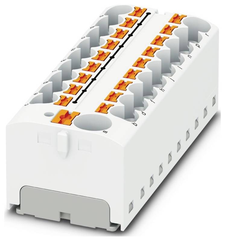 Biely elektrickej svorkovnici s dvadsiatimi oranžovými pákovými konektormi usporiadanými v dvoch radoch, určený na zapájanie a pripájanie elektrických obvodov.