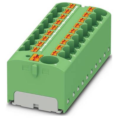 Zelená priemyselná svorkovnica s viacerými oranžovými konektormi, používaná na elektrické kabelážne spoje v rozvádzačoch alebo spojovacích krabiciach.