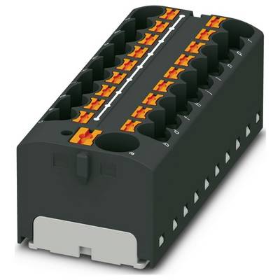 Čierny elektronický komponent s viacerými oranžovými konektormi, usporiadanými v radoch, používaný na elektrické spojenia v obvodoch.