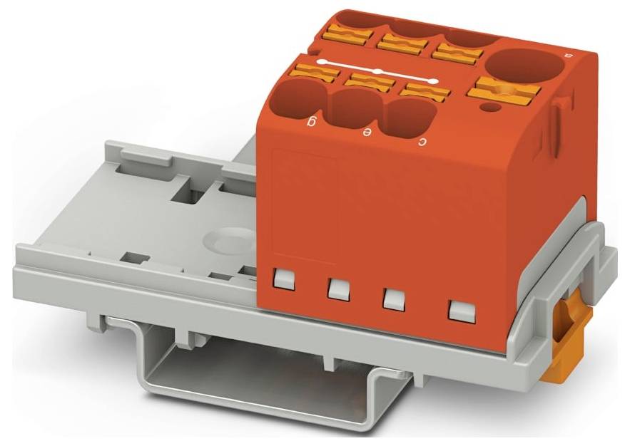 Kompaktny elektrický zberný blok oranžovej a sivej farby so štyrmi drážkami na vodiče, navrhnutý na rýchle pripojenie v aplikáciách elektrickej inštalácie.