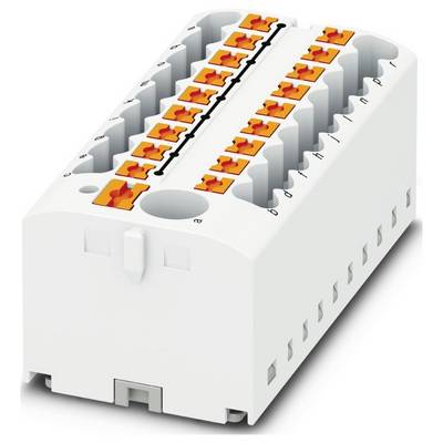 Biely elektrický svorkovnicový blok s oranžovými pákami, navrhnutý na pripájanie vodičov, s viacerými otvormi na bezpečné upevnenie.