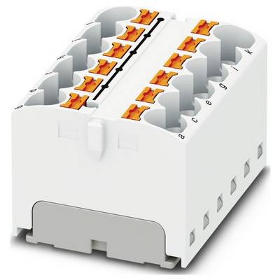 Biely blok elektrických konektorov s viacerými otvormi, každý obsahujúci oranžovú páku na zabezpečenie drôtov.