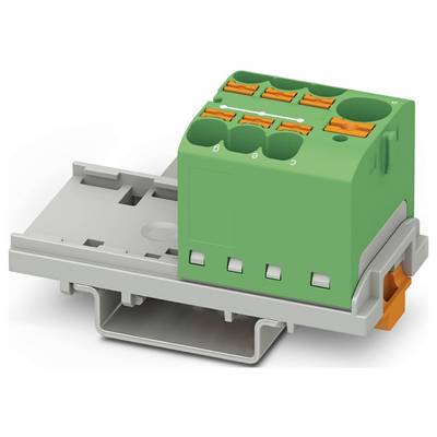 Zelený a sivý elektrický konektor s viacerými oranžovými pákami je umiestnený na sivej základni. Dizajn naznačuje funkčnosť pre kabelážne pripojenia.