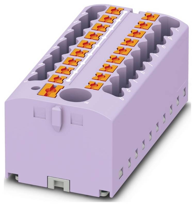 Lavender obdĺžniková zvorka so viacerými oranžovými páčovými konektormi, používaná na pripájanie v elektrických rozvodoch.