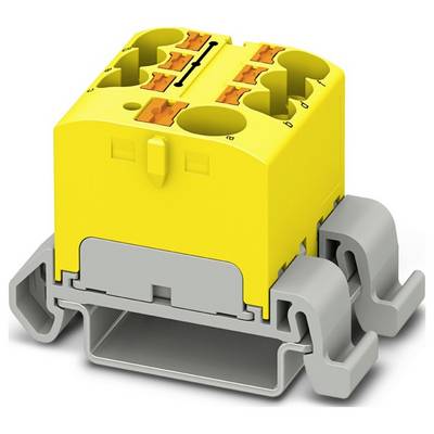 Žltý a sivý elektrický priechodný blok so štyrmi pármi vstupov drôtov a oranžovými páčkami. Navrhnutý pre ľahké bezstrojové pripojenia drôtov.