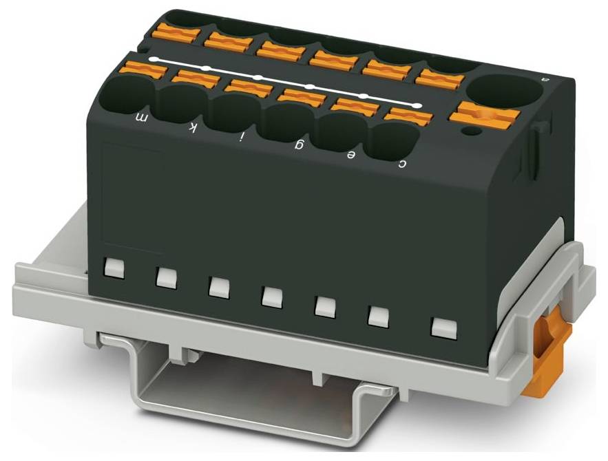 Čierny a oranžový elektrický konektorový blok s viacerými slotmi, umiestnený na sivej podložke. Používa sa na drôtové spoje v elektrických inštaláciách.