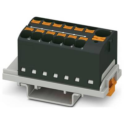 Čierny a oranžový elektrický konektorový blok s viacerými slotmi, umiestnený na sivej podložke. Používa sa na drôtové spoje v elektrických inštaláciách.
