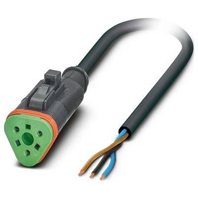 Čierny kábel s trojuholníkovým zástrčkou na jednom konci a tromi exponovanými vodičmi – hnedý, modrý a čierny – na druhom konci, čo naznačuje elektrické použitie.