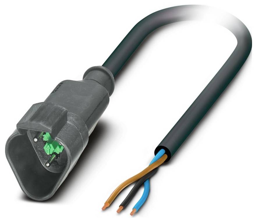 Sivý elektrický konektor s U-tvarovým káblom, ktorý má tri exponované vodiče: zelený, hnedý a modrý na otvorenom konci.