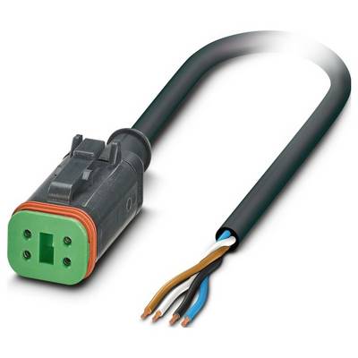 Trojcípový elektrický konektor s čiernym káblom, ktorý končí ovoľnenými drôtmi pozostávajúcimi z čierneho, bieleho, hnedého a modrého drôtu.