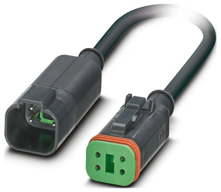Dva čierne elektrické konektory so zelenými vnútornosťami a oranžovými tesneniami, umiestnené vedľa seba s krátkou kabelážou medzi nimi.