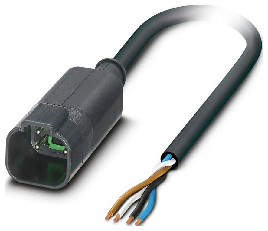 Čierny elektrický konektor so štyrmi exponovanými vodičmi v rôznych farbách: biela, modrá, hnedá a čierna, na bielom pozadí.