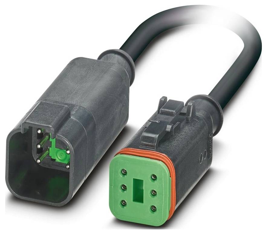 Čierny a zelený elektrický konektor so šiestimi kolíkmi, určený na automobilovú alebo priemyselnú aplikáciu.