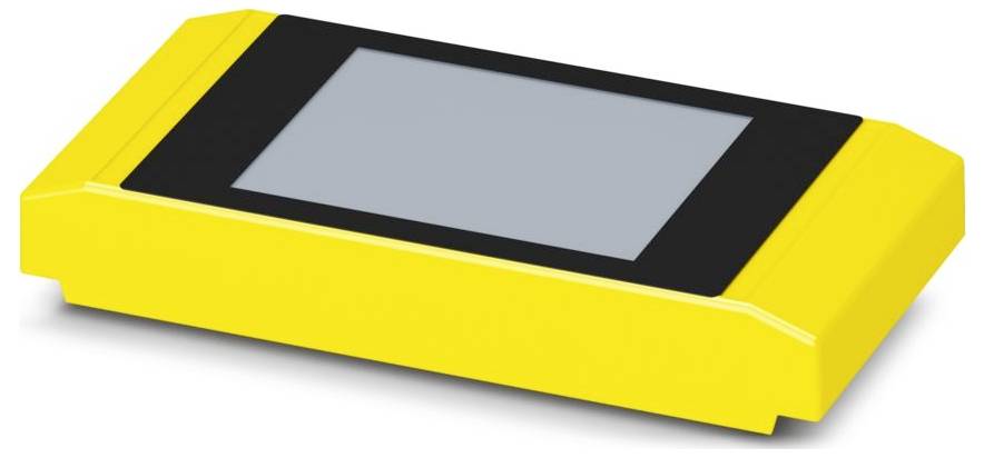 Žltý obdĺžnikový elektronický prístroj s centrálnym dotykovým displejom.