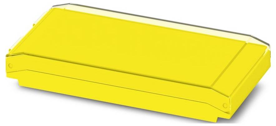 Jasne žltá plastová obdĺžniková krabica s priehľadným vrchnákom, pravdepodobne používaná na skladovanie alebo balenie malých predmetov.