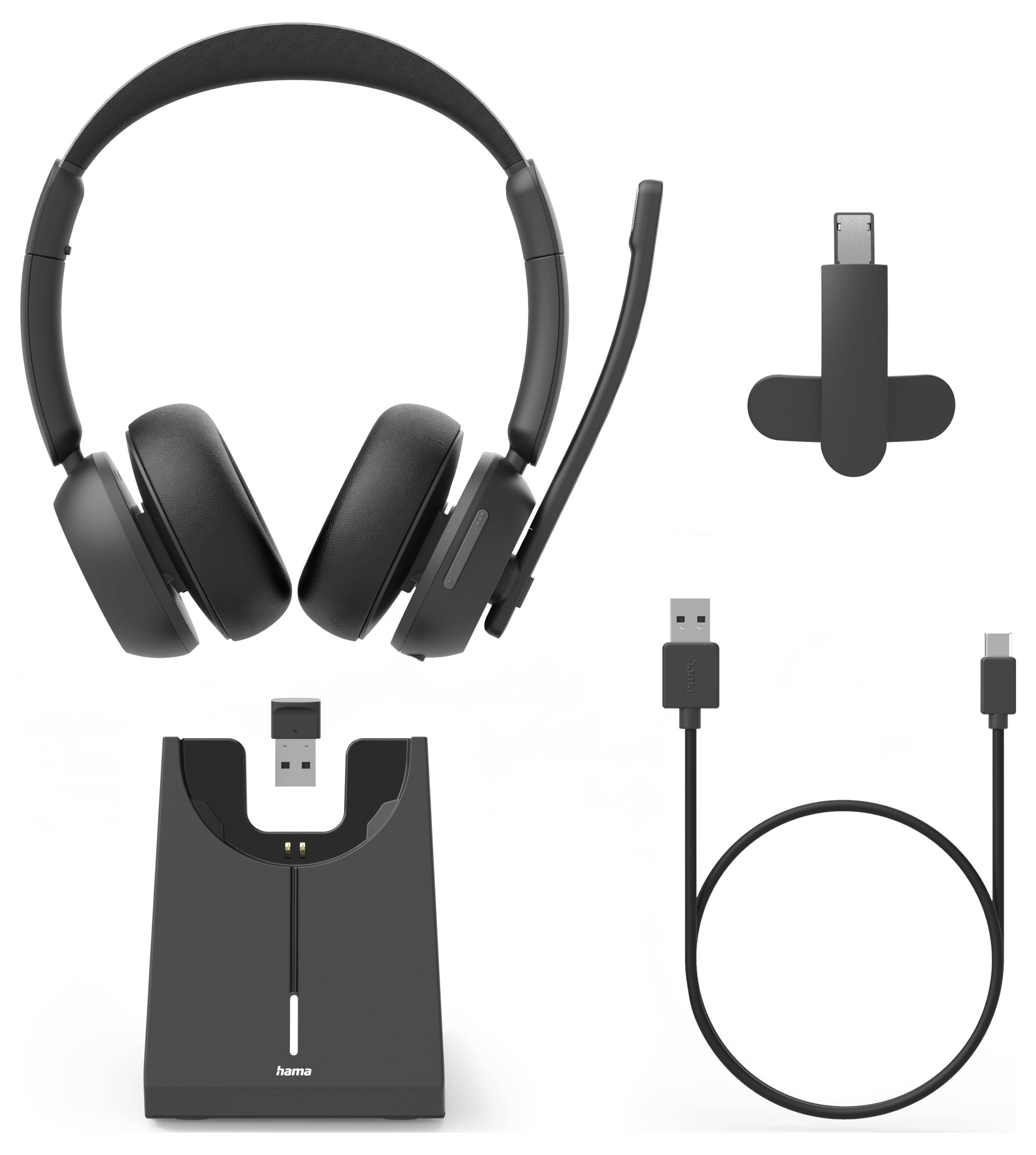 Bezdrôtový headset s mikrofónom, USB-C adaptérom, nabíjacou stanicou a USB káblom rozložený na bielom pozadí.