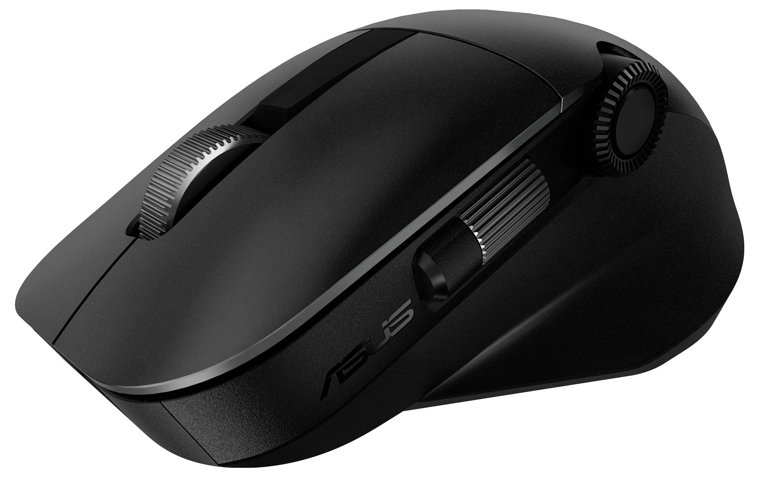 Čierna bezdrôtová počítačová myš s rolovacím kolieskom a bočnými tlačidlami, vhodná na ergonomické používanie s elegantným, moderným dizajnom.
