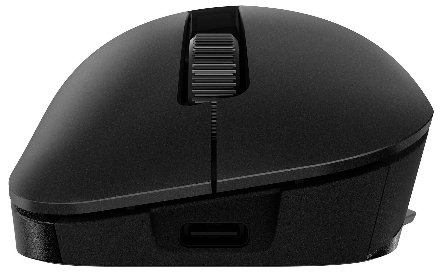 Čierna bezdrôtová počítačová myš s posuvným kolieskom a USB-C nabíjacím portom, pohľad z boku.