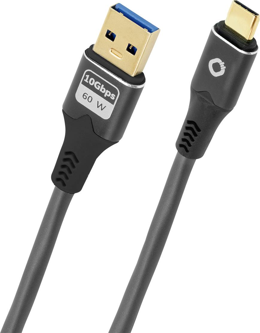 Čierny USB kábel s modrým USB 3.0 konektorom a malým pozláteným konektorom označeným '10Gbps' a '60W'.