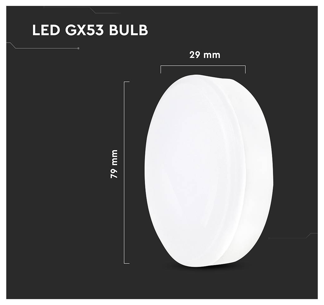 LED žiarovka GX53 s rozmermi 29 mm šírky a 79 mm výšky, zobrazená na tmavom pozadí.