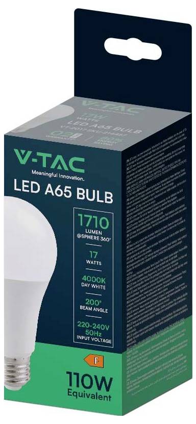 V-TAC LED žiarovka A65 s výkonom 1710 lúmenov, 17 wattov, denné svetlo 4000K, uhol svietenia 200°, napätie 220-240V, frekvencia 50Hz, ekvivalent 110W.